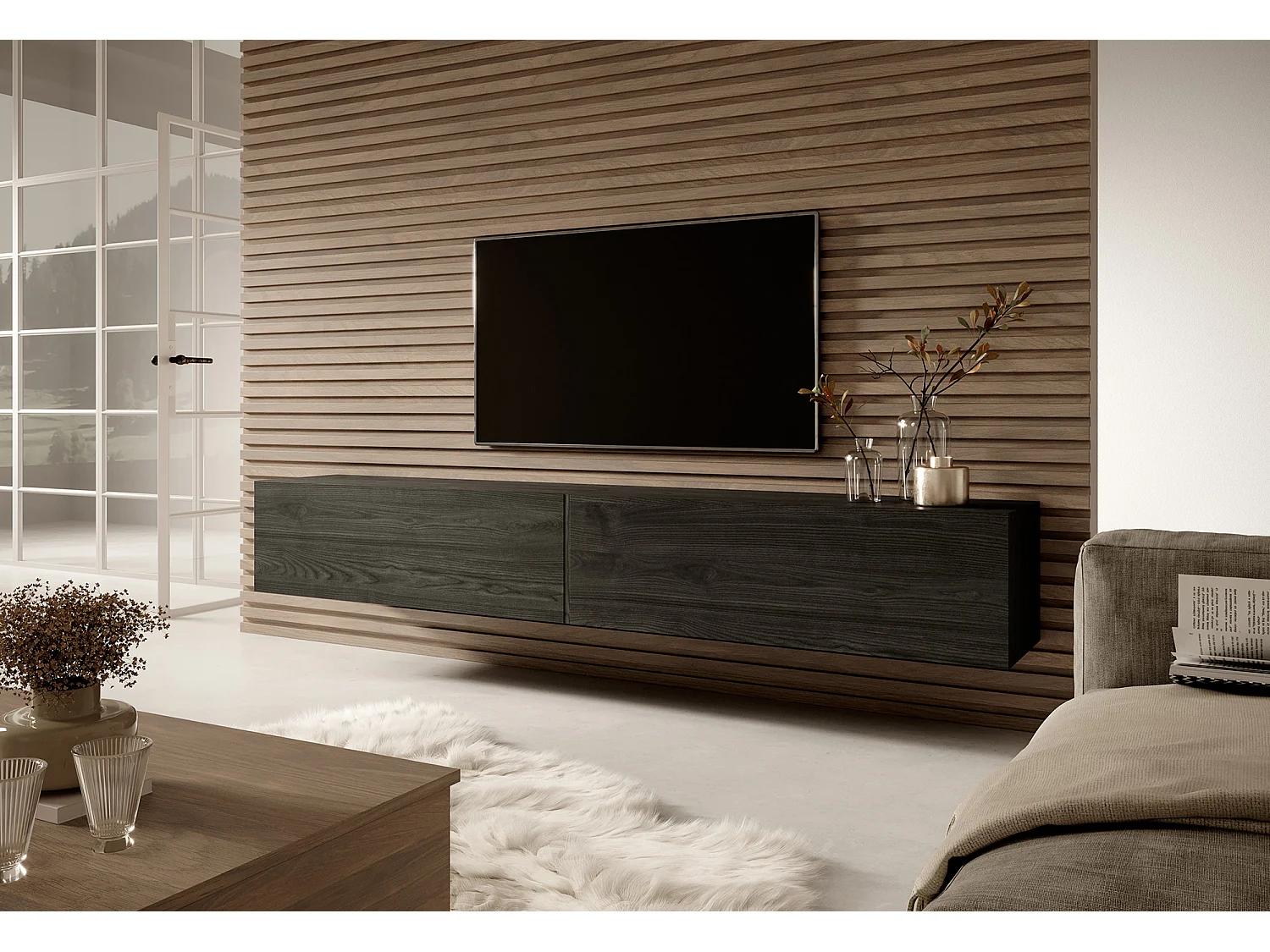 TV-meubel - 140 cm - taupe (grijsbeige) met gouden inzetstuk - BISIRA
