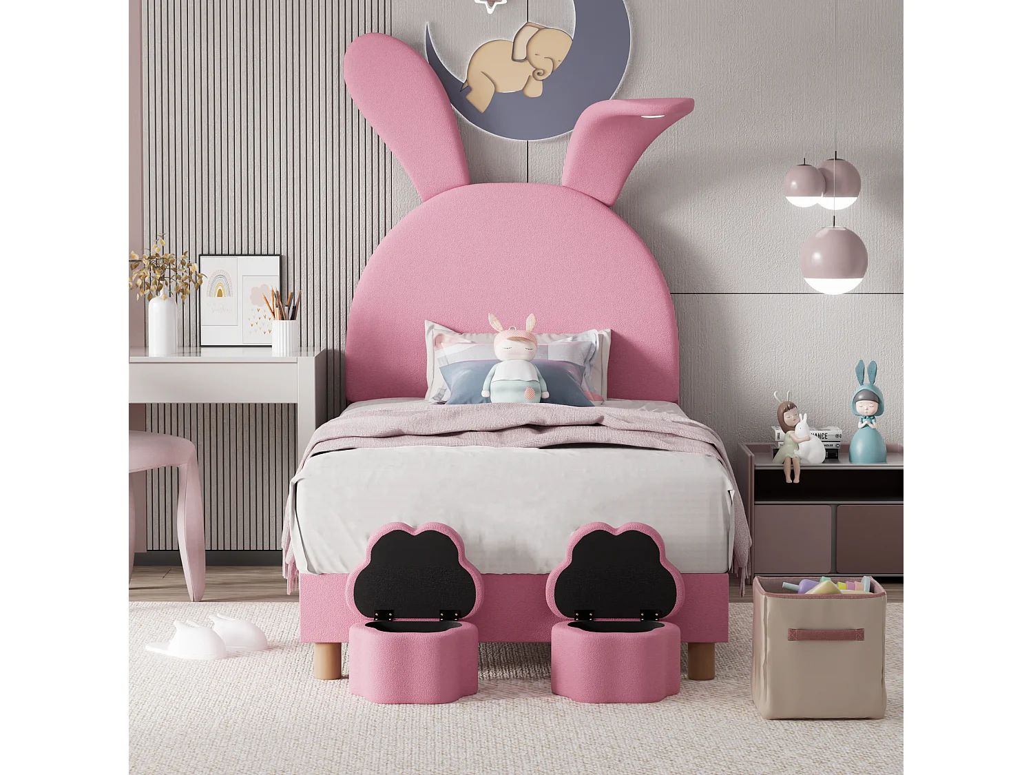 Gestoffeerd uitschuifbaar bed 140 x 200 cm met hoofdeinde - LED's - PU leer - Roze