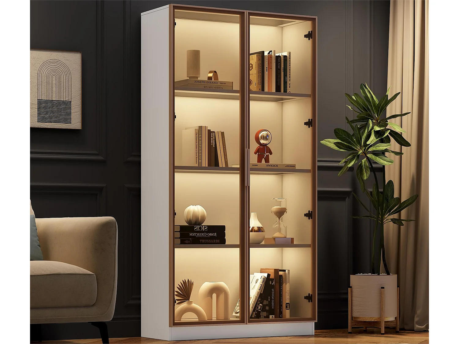 Glazen vitrinekast, vitrine met ledverlichting en intelligente