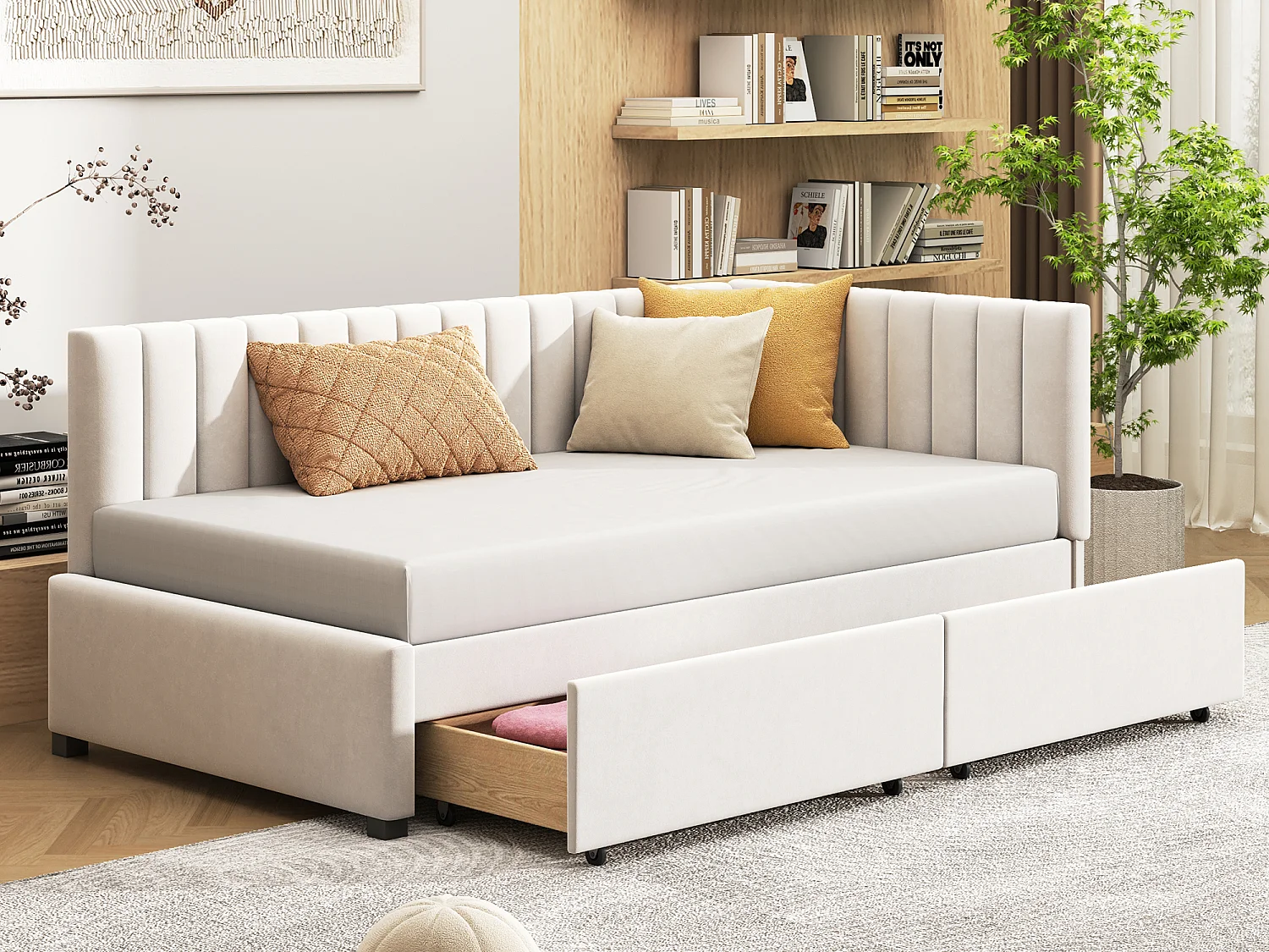 Gestoffeerd daybed 90x200cm, slaapbank met leeslampje en USB-C oplader