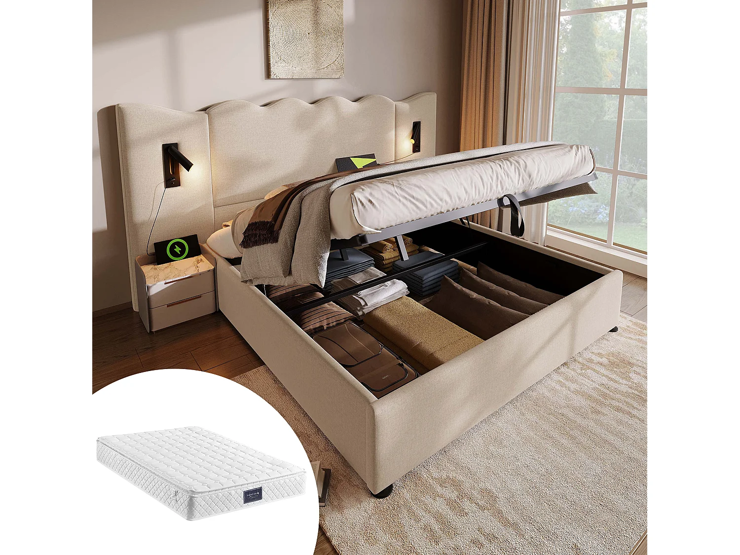 Gestoffeerd bed, tweepersoonsbed met verstelbaar hoofdeinde, houten lattenbodem, 160x200cm, linnen, beigegrijs