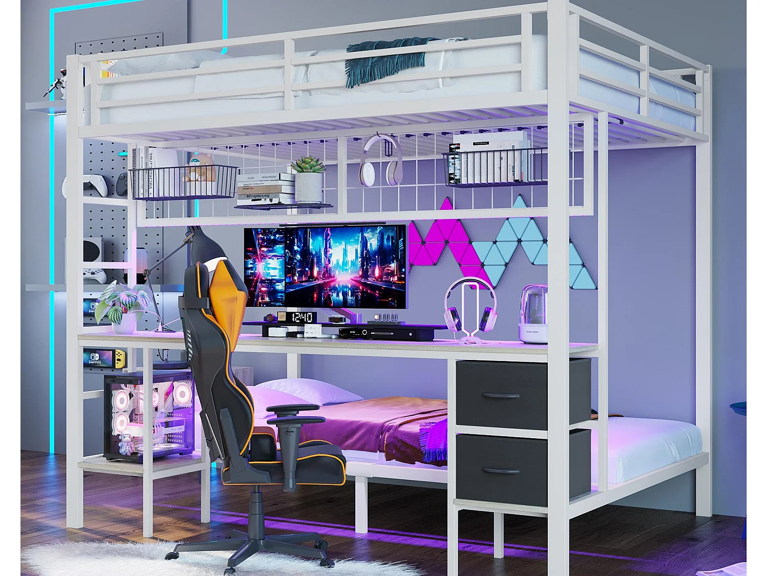 Arhatreya Hoogslaper, 140 x 200 cm, kinderbed met bureau en led, tienerbed met 3 laden, metalen bed met stopcontact USB, eenpersoonsbed, voor kinderen, jongeren, slaapkamer (zonder matras), zwart
