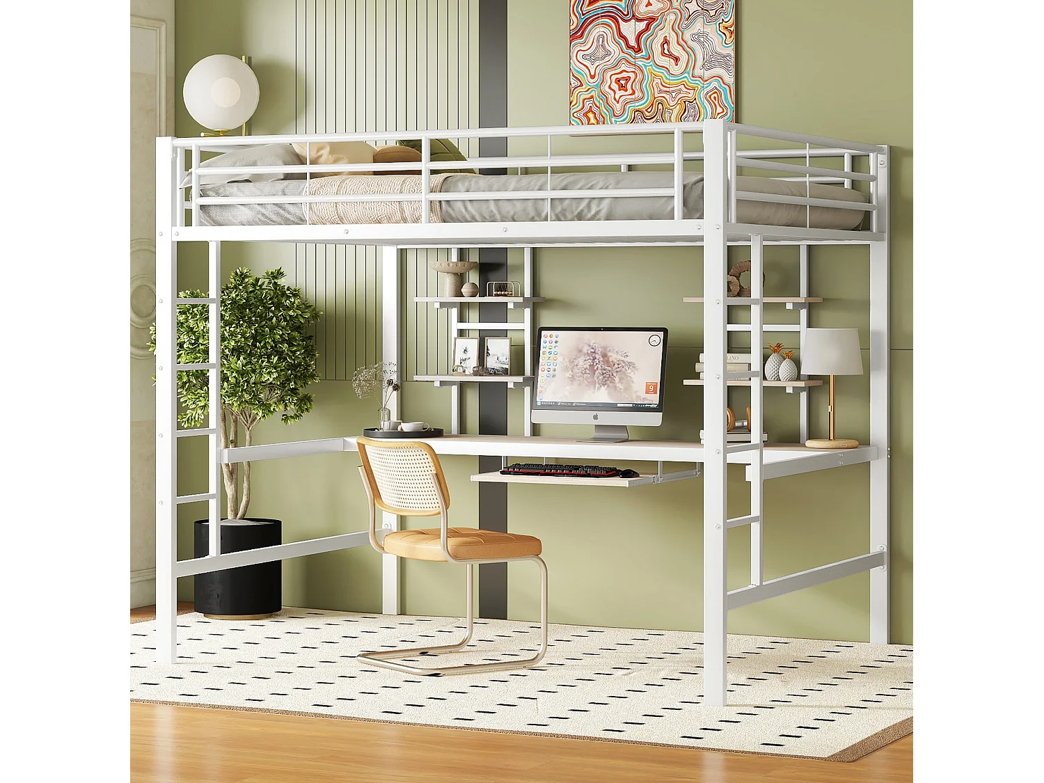 Hoogslaper 140 x 200 cm met bureau, open kledingkast en opbergbare trap, ijzeren frame in zwart, zonder matras, voor kinderen en jongeren, ideaal om ruimte te besparen en te organiseren
