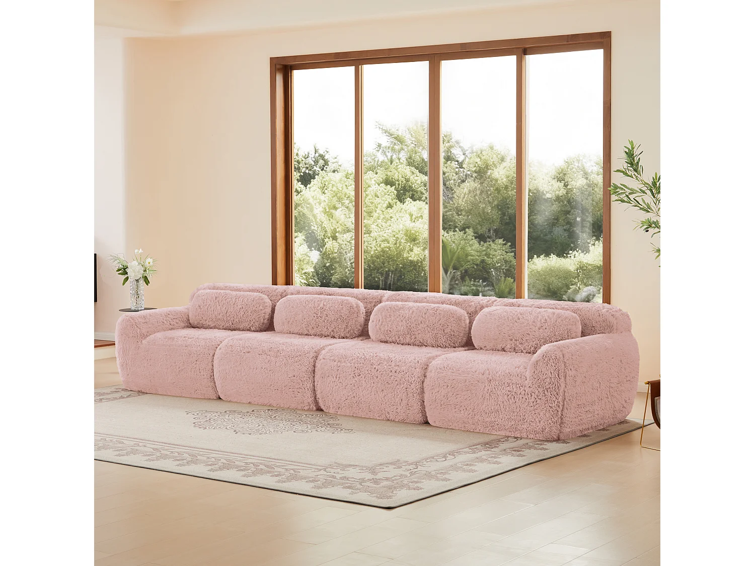 Modulaire Bank 4-zits in pluche stof, met 4 kussens, zonder frame