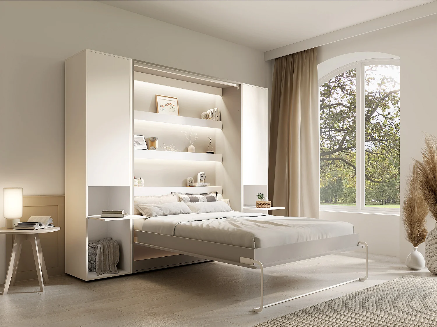 Verticaal opklapbed 140 x 200 cm wit en naturel 2 kasten - RAPILI