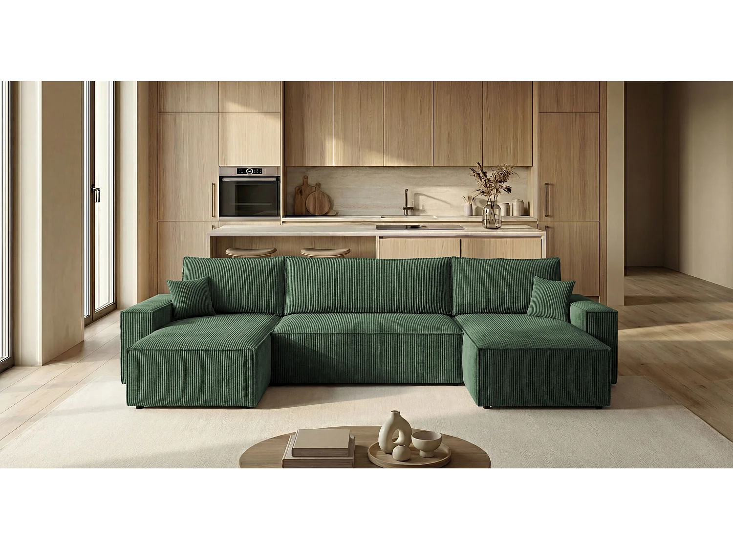 Hoekbank CALIFORNIA MINI U-vorm groen ribfluweel Poso 14 - slaapfunctie, bedkist